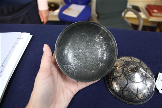 A Indian silver-inlaid Bidri ware magic bowl and cover (abkhwura), Deccan, late 18th/early 19th century, diameter 5.1in.